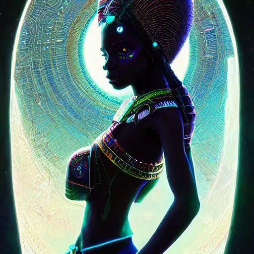 Image similar to highly detailed portrait of an african neon egyptian goddess, intricate alien technology, stephen bliss, unreal engine, fantasy art by greg rutkowski, loish, rhads, ferdinand knab, makoto shinkai and lois van baarle, ilya kuvshinov, rossdraws, tom bagshaw, global illumination, radiant light, detailed and intricate environment