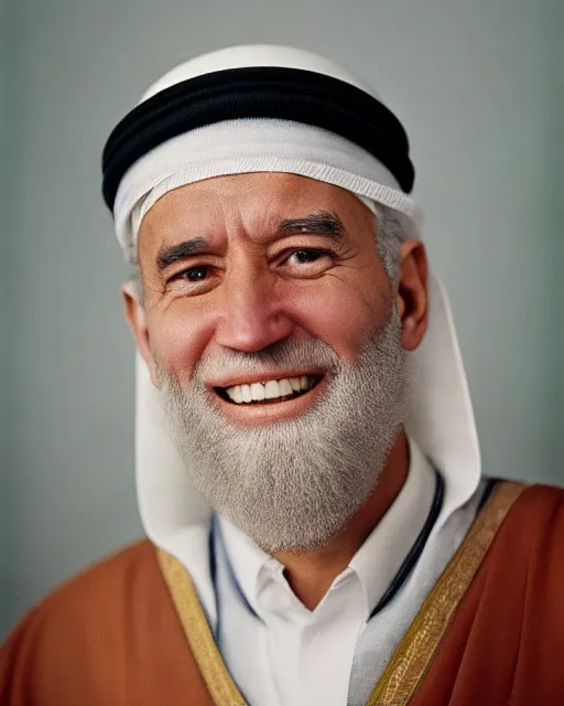 Prompt: a photo of joe biden as a muslim sheikh from the middle east, smiling, portrait, ektachrome, closeup, f / 2. 8