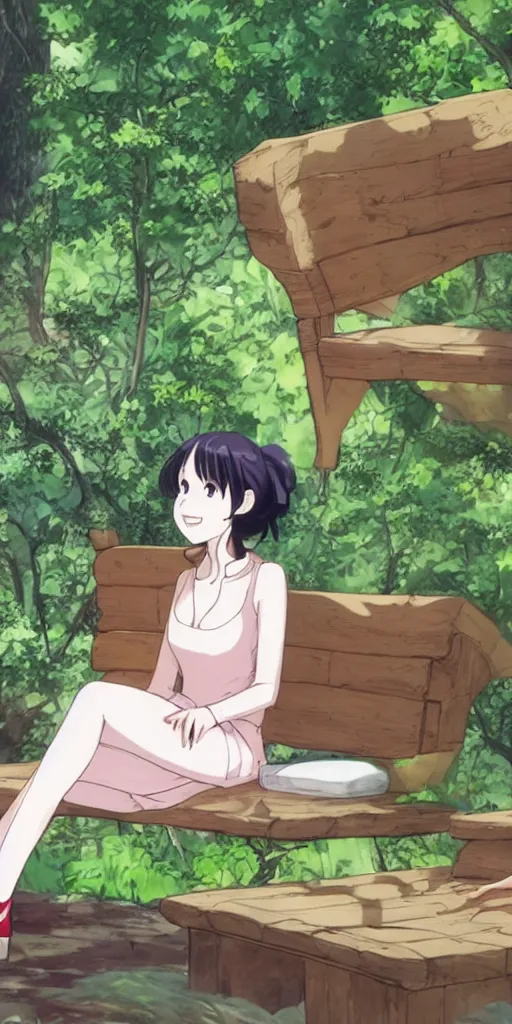 Image similar to a queen of good vibes sitting by herself on a sofa in a forest, drawn by CloverWorks,