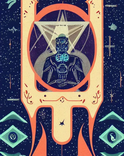 Image similar to retro dark vintage sci - fi. 2 d matte dark gouache illustration in a mystical style. tarot card back pattern. cosmic.