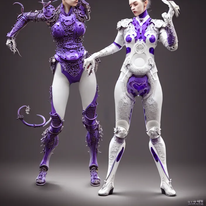 Prompt: porcelain cyborg armor, Chinese Kangxi purple and white fox pattern porcelain, diffuse lighting, fantasy, intricate, elegant, highly detailed, lifelike, photorealistic, digital painting, artstation, illustration, concept art, smooth, sharp focus, art by John Collier and Albert Aublet and Krenz Cushart and Artem Demura and Alphonse Mucha