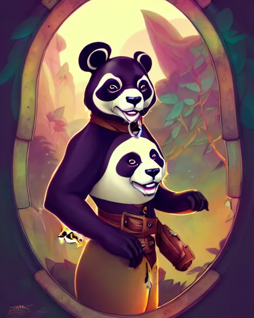 Image similar to don bluth, loish, artgerm, joshua middleton, steampunk, clockpunk anthropomorphic panda, full sailor suit, symmetrical eyes symmetrical face, colorful animation forest background