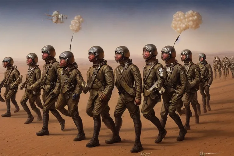 Image similar to portrait shot of ww 1 astronauts marching through the marsian desert, intricate, elegant, highly detailed, centered, digital painting, artstation, concept art, smooth, sharp focus, illustration, artgerm, tomasz alen kopera, peter mohrbacher, donato giancola, joseph christian leyendecker, wlop, boris vallejo