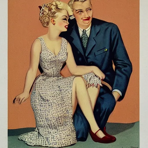 Image similar to “stunning, highly detailed portrait, very detailed, couple, tin can, blonde, color vintage magazine illustration 1950”