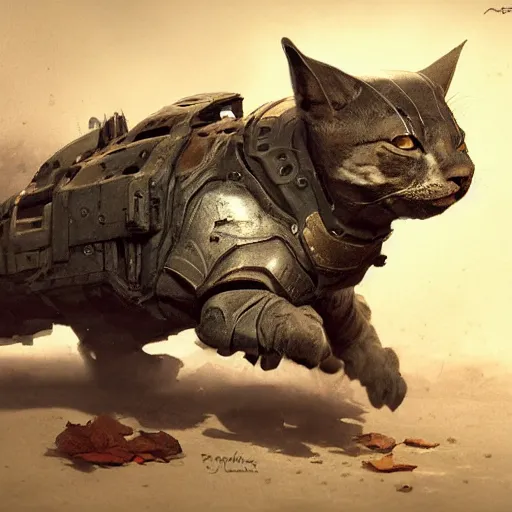 Image similar to armored cat by jean - baptiste monge, high quality, high resolution, 4 k, painted by cgsociety, rutkowski, gurney with ambient lighting, concept art, detailed, smooth, dynamic volumetric cinematic lighting, octane, raytrace