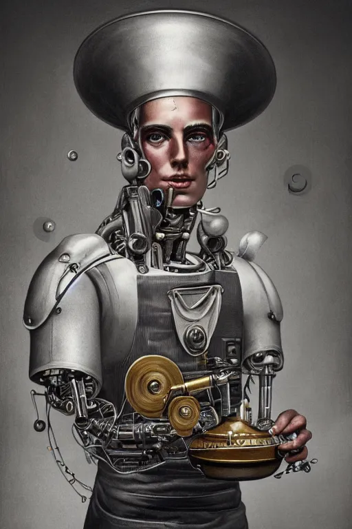 Image similar to a beautiful ultradetailed vintage photo of a futuristic cybernetic cyborg male wearing a tall white chef hat and an apron, by tom bagshaw and anna dittman, portrait, 3 5 mm lens, golden ratio composition, detailed face, studio photography, very detailed, humanoids, industrial robots, artstation, 8 k, highly coherent