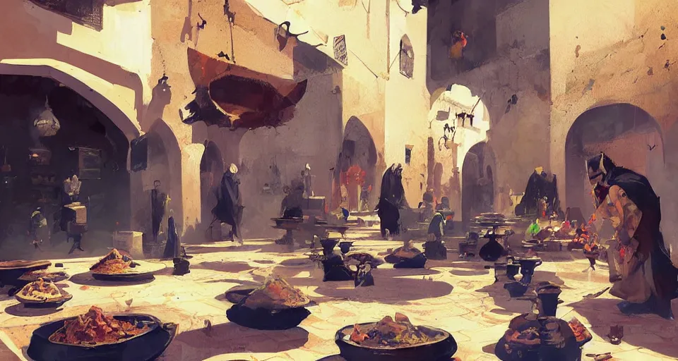 Image similar to Batman eat tajine in fez morrocco, digital art,ultra realistic,ultra detailed,art by greg rutkowski