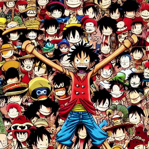 Prompt: luffy d. monkey from one piece in a where's wally waldo image