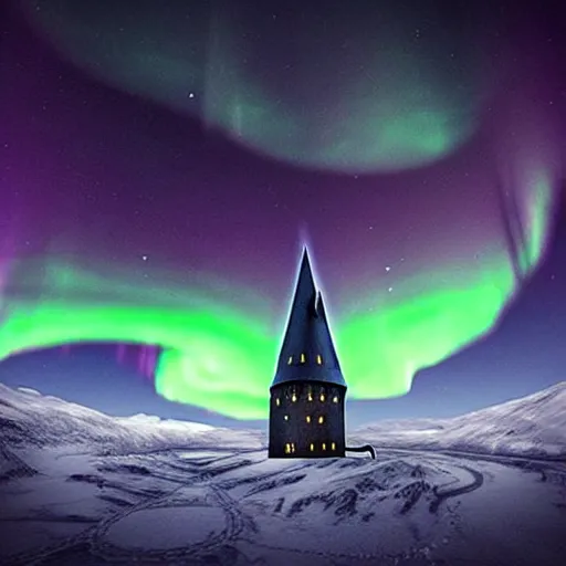 Image similar to “Hogwarts School of Witchcraft and Wizardry with the norther lights in the background. 4k, 8k, unreal 5, very detailed, hyper control-realism,.”