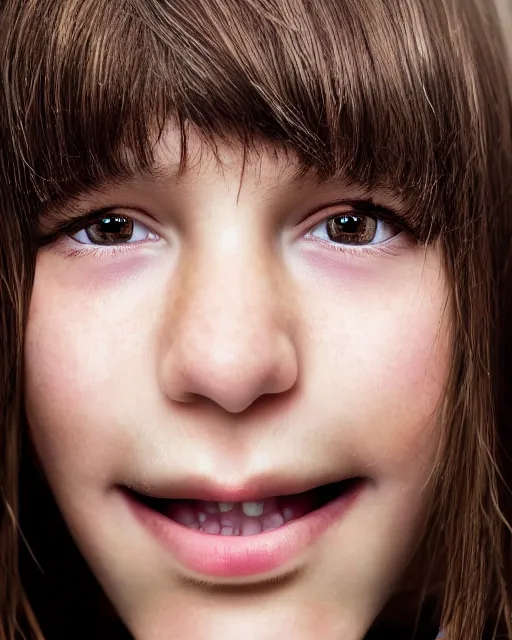 Prompt: photo portrait 1 5 - year old girl with lush brown hair, large front teeth, and bright piercing brown eyes, hyper realistic face, beautiful eyes, by mario testino