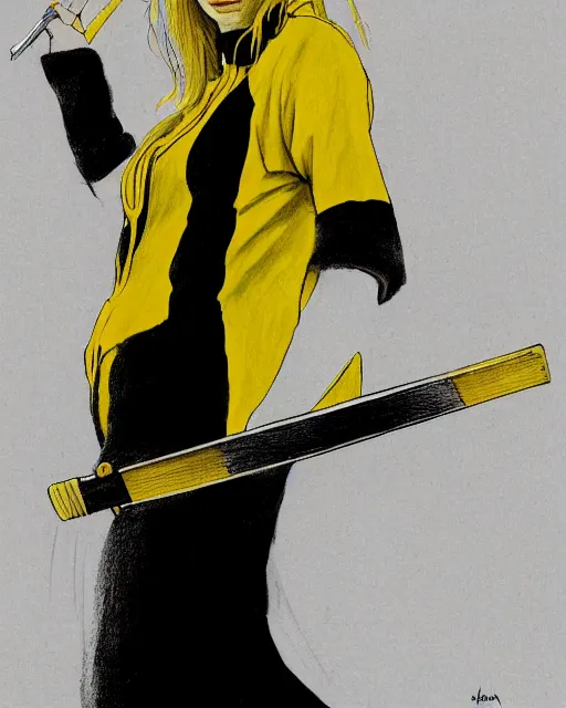 Image similar to drawing of a beautiful uma thurman in the movie kill bill, wearing a yellow jumpsuit with a black stripe, swinging katana, art deco, beautiful confident and piercing eyes, beautiful blonde hair, hyper realistic face, in the style of greg rutkowski, fantasy, amazing detail, epic, elegant, smooth, sharp focus, from the front