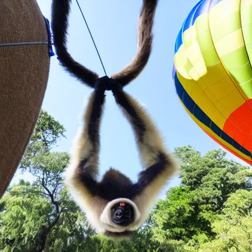 Prompt: gibbon hanging upside down from rope attached to hot - air balloon, smiling at camera, exaggerated perspective