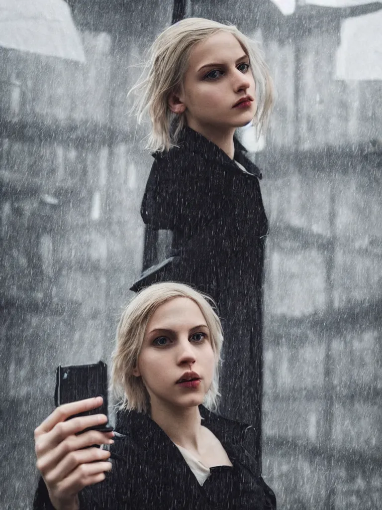 Prompt: cute annie leonhart taking a selfie in dunwall city, beautiful face, detailed face, natural lighting, rainy weather, volumetric light, gothic architecture, natural reflections, model agency, instagram photo, depression atmosphere, shot on iphone 1 3 pro, natural beauty, postprocessing