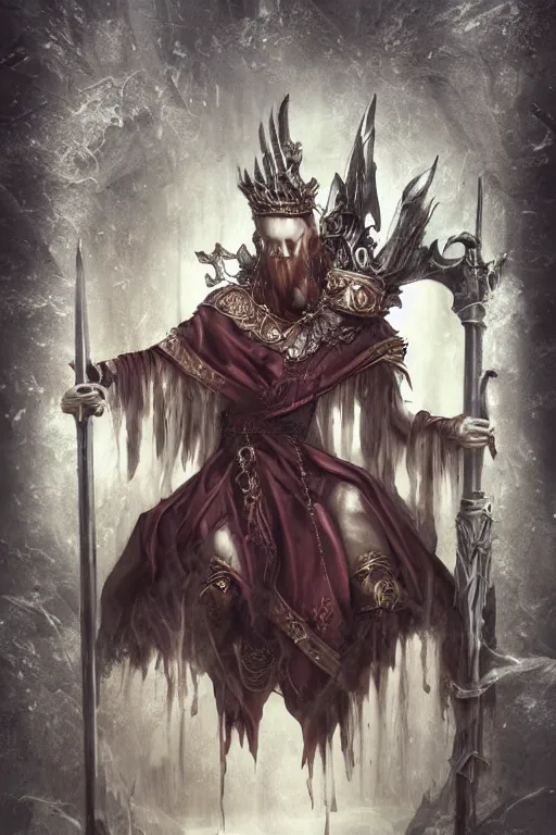 Image similar to aesthetic digital illustration of a fallen king, by anne stokes | dirty royal robes, broken throne, character concept, concept art, unreal engine, finalrender, centered, deviantart, artgerm