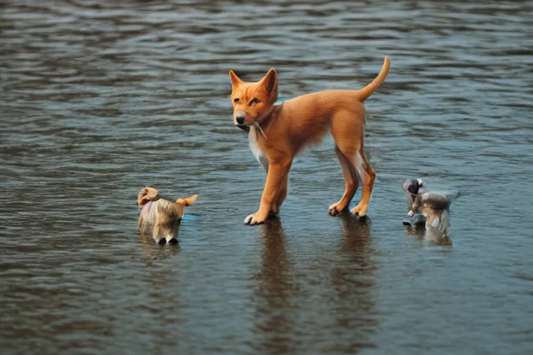 Image similar to a puppy is looking directly at the water below them while they stand at an edge