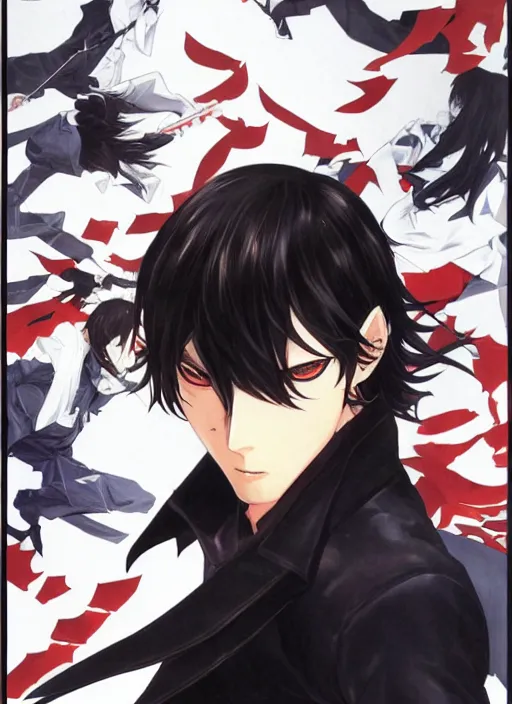 Image similar to portrait by shigenori soejima, handsome male vampire, focus on face, holding a sword, long black hair, dark blue shirt, light brown coat, red - eyes,