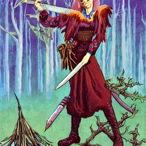 Prompt: moonshine cybin, buxom epic level dnd wood elf spore druidess, wielding a magical sword, wearing magical overalls. covered in various fungi. full character concept art, realistic, high detail digital painting by angus mcbride and michael whelan and michael william kaluta.
