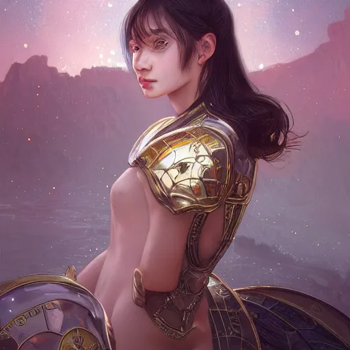 Image similar to portrait knights of Zodiac girl, white color mirror reflected armor, in ruined Agora of Athens moon night and firefly and star sparkles, ssci-fi, fantasy, intricate, very very beautiful, elegant, golden light, highly detailed, digital painting, artstation, concept art, smooth, sharp focus, illustration, art by tian zi and WLOP and alphonse mucha