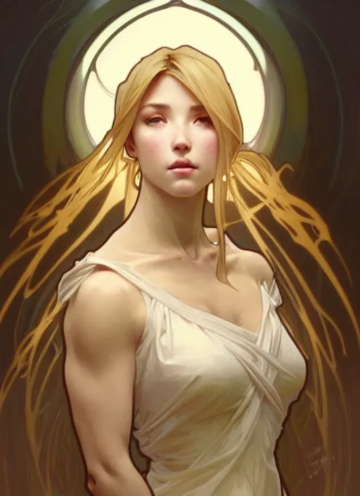 Image similar to a digital concept art by artgerm and greg rutkowski and alphonse mucha. clear portrait of a young wife blessed by god to uncontrollably become overwhelmingly perfect!! blonde, clothed, holy body!! light effect. hyper detailed, character concept, glowing lights!! intricate, elegant, digital painting, artstation, smooth, sharp focus