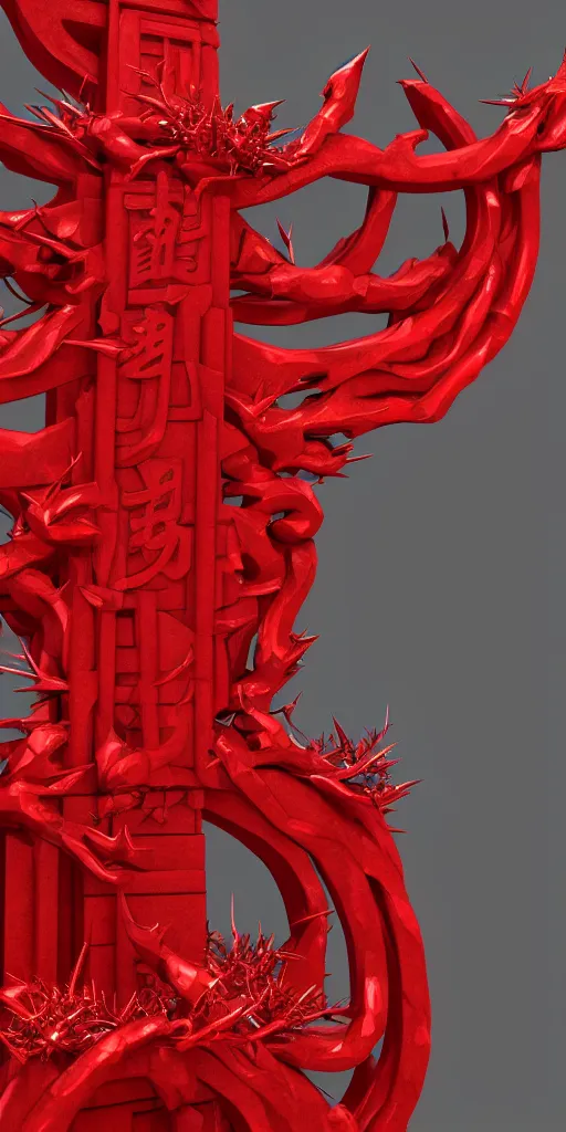 Image similar to 3 d render of a carved red torii gate sculpture, chrometype, made of liquid metal, neotribal with thorns and thunders, japanese temple, raytraced, volumetric lightning, 8 k, by zhelong xu, ouchh and and innate studio