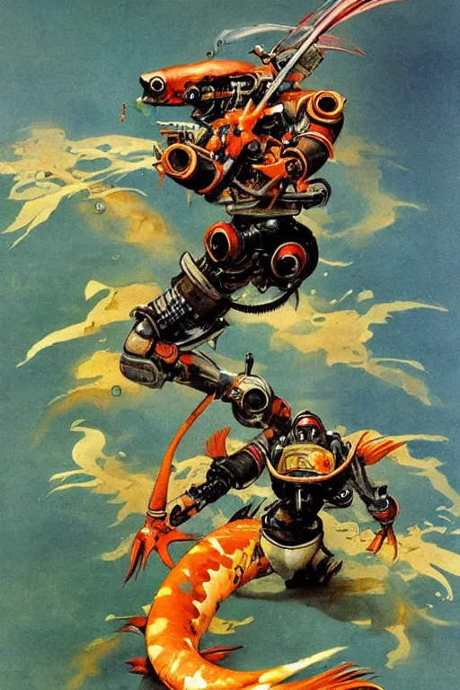 Image similar to a koi fish fighter robot by Frank Frazetta