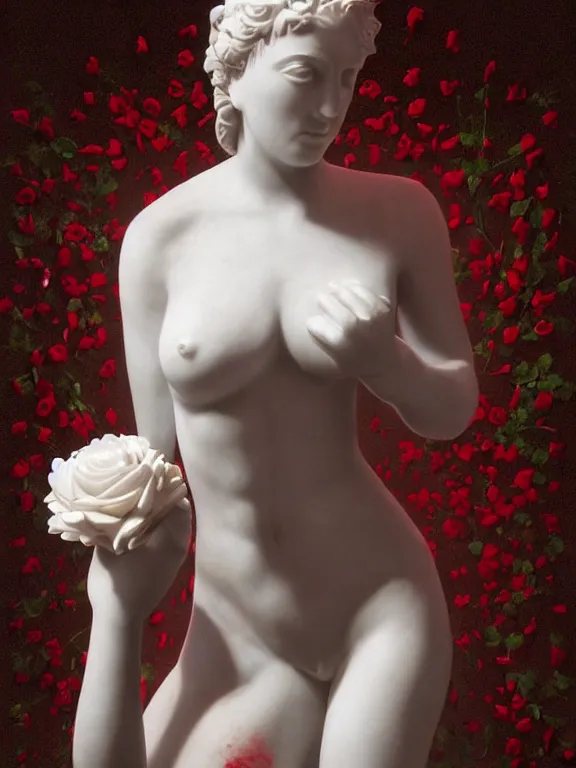 Image similar to portrait art venus of milo sculpture made of white marble, concept art, red roses exploding from her heart, volumetric lighting, hyperrealistic, focused, extreme details, masterpiece, fine details