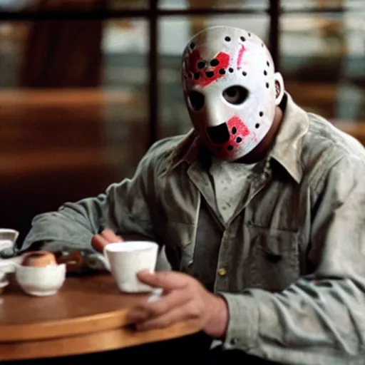 Image similar to photograph of jason voorhees having a coffee at an european caffé