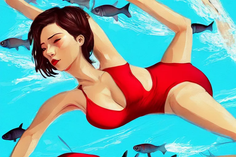 Image similar to fishes swim around woman in red swimsuit, highly detailed, smooth, sharp focus, concept art, illustration, beautiful, geometric, trending on artstation, cinematic, behance featured, artwork by Bowater, Charlie