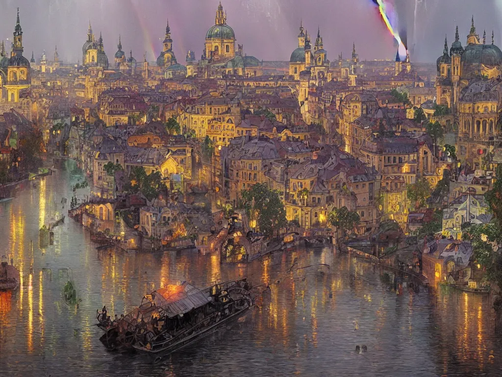 Image similar to a view from the river a city resembling prague, paris, and venice after a rain with a rainbow, intricate, elegant, highly detailed, digital painting, artstation, concept art, smooth, sharp focus, colored illustration for tattoo, art by krenz cushart and artem demura and alphonse mucha,