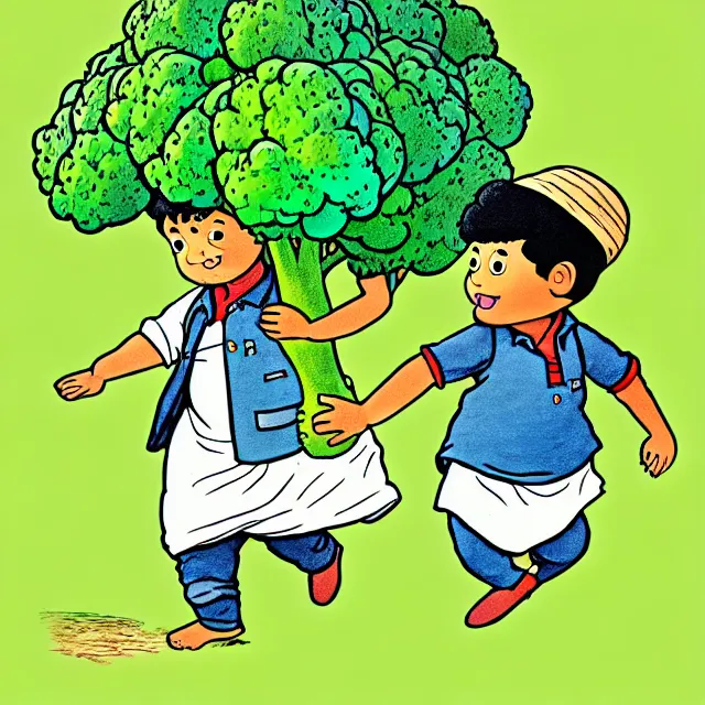 Prompt: professional kids book illustration of a South Indian !toddler! boy walking pulling a friendly anthropomorphic broccoli out of the ground, best on artstation,, astonishing, impressive, outstanding, cheerful, stunning, masterpiece by Beatrix Potter.