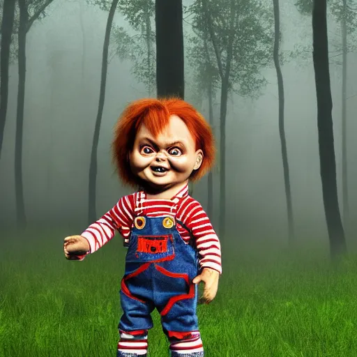 Image similar to chucky the doll in the woods foggy digital art 4 k detailed super realistic