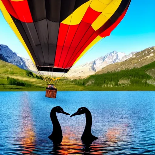 Image similar to photo of two black swans touching heads in a beautiful reflective mountain lake, a colorful hot air balloon is flying above the swans, hot air balloon, intricate, 8k highly professionally detailed, HDR, CGsociety