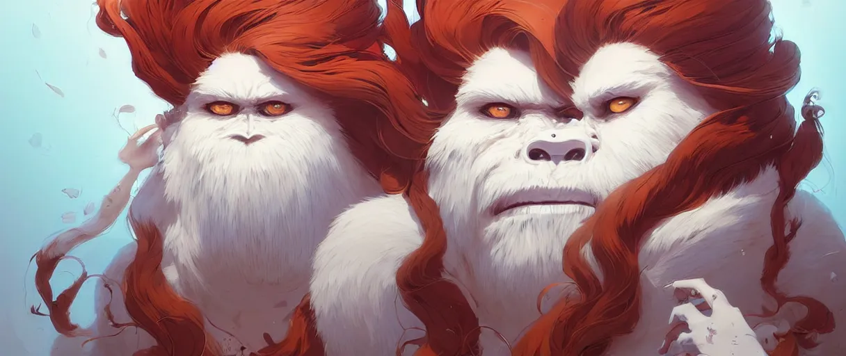 Prompt: beautiful artistic - wave highly detailed portrait female yeti and bigfoot, with kitsune mask, long red hair, by atey ghailan, by greg rutkowski, by greg tocchini, by james gilleard, by joe fenton, by kaethe butcher, dynamic lighting, gradient light blue, brown, blonde cream and white color scheme, grunge aesthetic