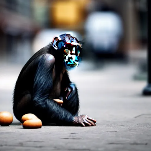 Image similar to a chimpanzee picking up pennies on a street in manhattan, depth of field, breathtaking, detailed and intricate environment, 8 k resolution, hyperrealistic