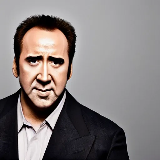 Image similar to professional portrait of nicolas cage neutral expression face straight on headshot even lighting