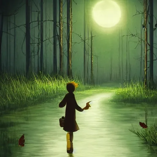 Prompt: on the road, muddy swamps and thorns, dad and mom took their daughter's hand and walked with difficulty, in the distance is the enchanted forest, there is a gentle light in the darkness and the glowing wings of the pixies flashing in the forest, the whole forest radiated a sacred light, studio ghibli style