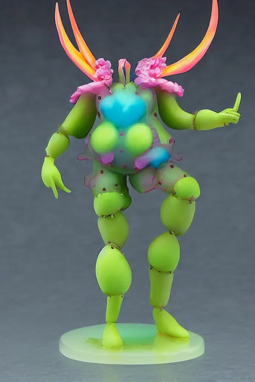 Image similar to a fat jelly super detailed anime figurine with fluo color detail, and muted arm colors, that looks like a insect, on top of a painting of plastic synthetic ionized metal flower sculptures