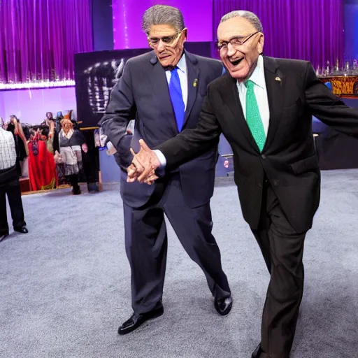 Prompt: Chuck Schumer as a magician pulling Joe Manchin out of a hat