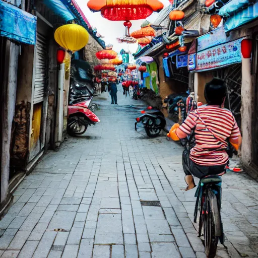 Prompt: Whimsical street photography scene in a small city in China, Ricoh GRIII, f/3, focal length: 18.0 mm, shutter speed: 1/250 s, ISO: 200
