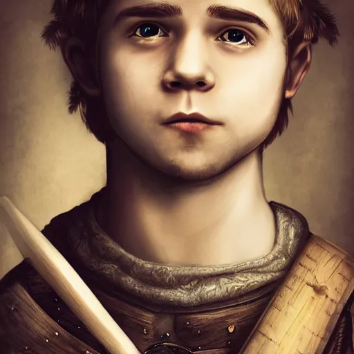 Image similar to realistic portrait of a halfling male, happy, bard, short hair, lute, intricate details, cinematic, photo, fantasy, medieval