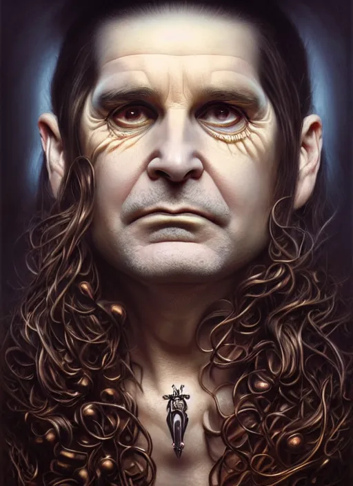 Image similar to portrait shot of ozzy osborne, intricate, elegant, highly detailed, centered, digital painting, artstation, concept art, smooth, sharp focus, illustration, artgerm, tomasz alen kopera, peter mohrbacher, donato giancola, joseph christian leyendecker, wlop, boris vallejo