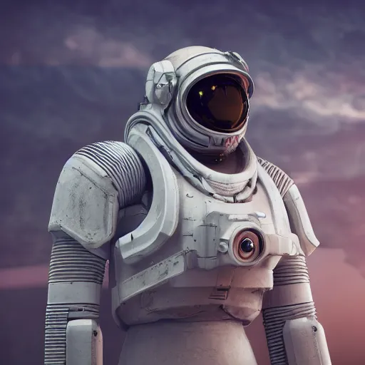 Image similar to portrait photography of a white diesel punk futuristic space suit armor, in an alien planet, ultra detail, high detail, 8 k, octane render, in the style of edward hopper