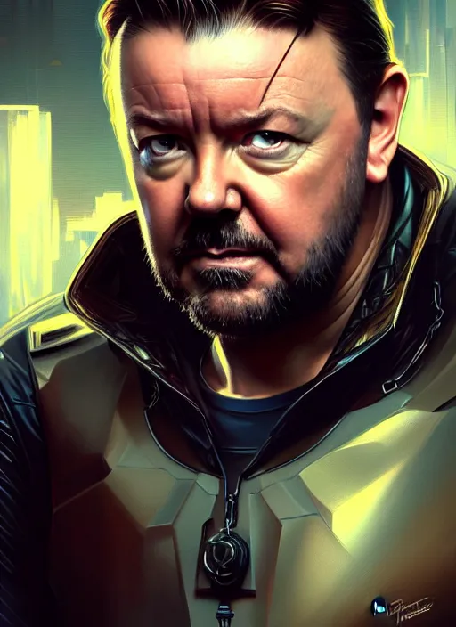 Image similar to portrait of ricky gervais, sci - fi, muscular! cyberpunk, intricate, elegant, highly detailed, digital painting, artstation, concept art, smooth, sharp focus, illustration, art by artgerm and greg rutkowski and alphonse mucha