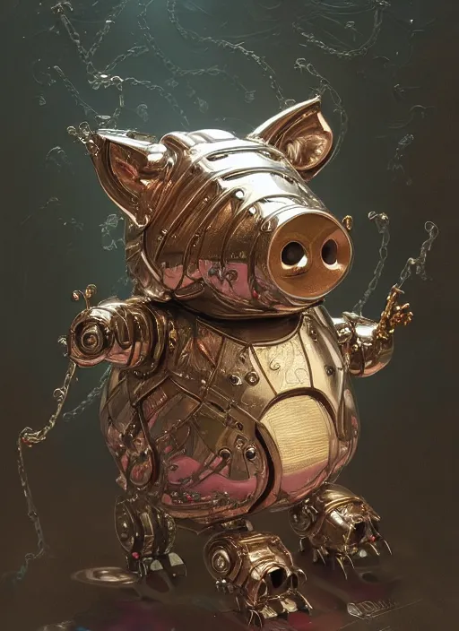 Prompt: robotic pig, d & d, wet, shiny, fantasy, intricate, elegant, extremely higly detailed, ultra definition, digital painting, artstation, anatomical perfection, baroque, one object, concept art, smooth, sharp focus, illustration, art by artgerm and greg rutkowski and alphonse mucha