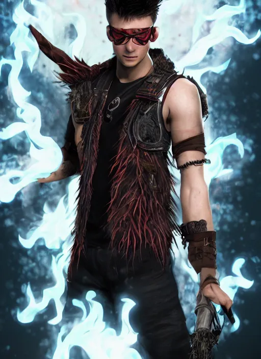 Image similar to An epic fantasy comic book style portrait painting of young man with long red spiked hair. Wearing a black waistcoat, white shirt, using googles. Blasting fire on his hands. Unreal 5, DAZ, hyperrealistic, octane render, cosplay, RPG portrait, dynamic lighting