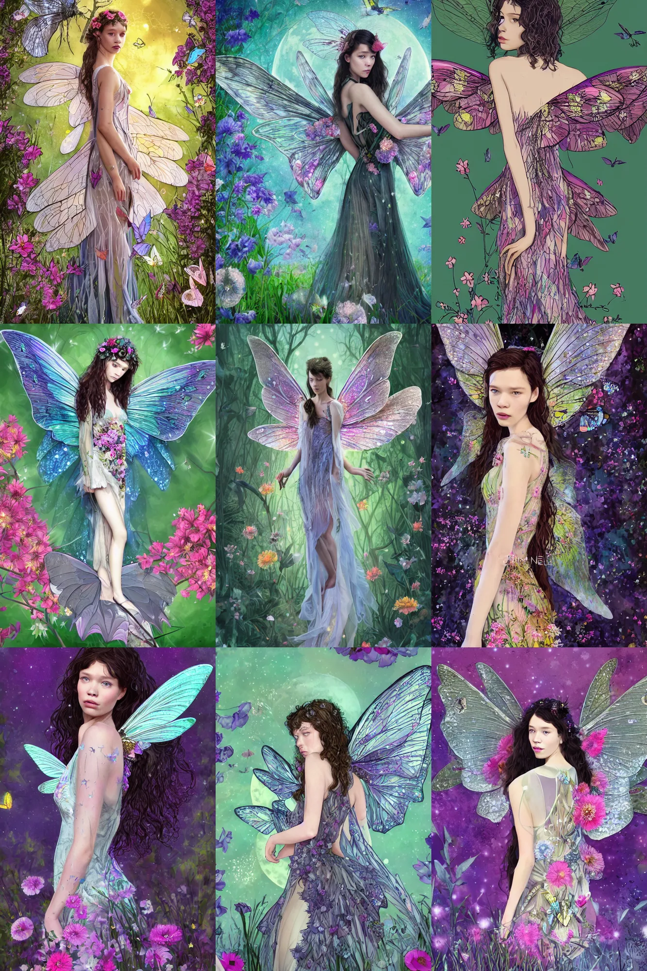 Prompt: astrid berges frisbey as a fairy. large lunar moth wings grow from her back. she is facing the camera. low polygon digital illustration. wearing a dress made out of flowers. trending on art station, low detail, dreamy, vivid colours.