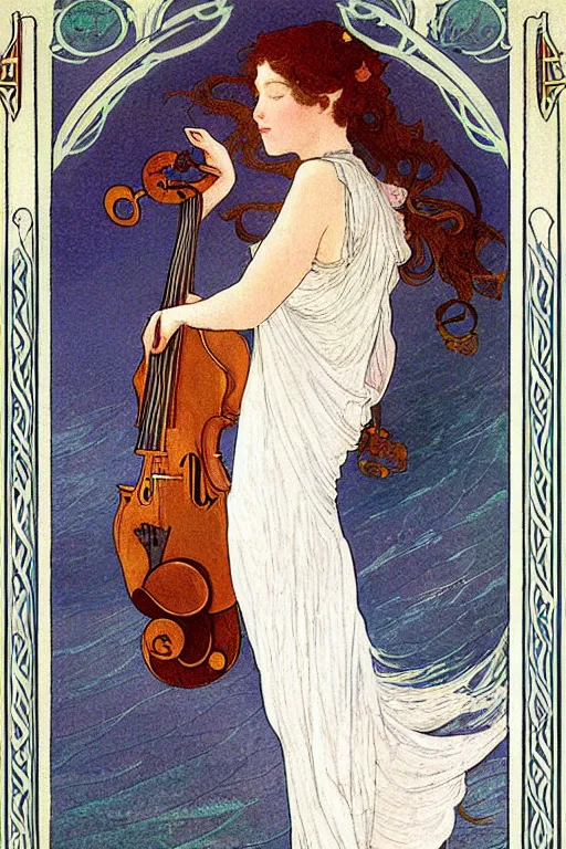 Prompt: beautiful mystical digital painting girl playing a violin wearing a long white dress over a wavy ocean by mucha tarot card vivid