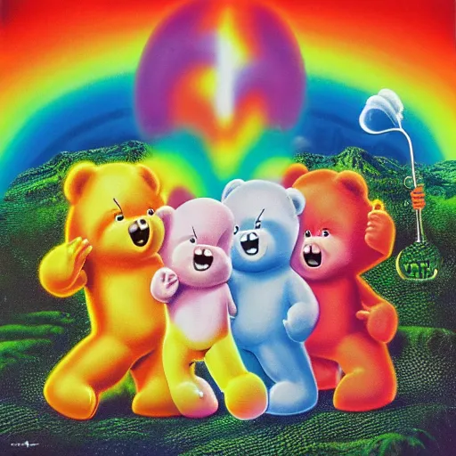 Prompt: the care bears on iron maiden album cover, 8 k resolution hyperdetailed surrealism