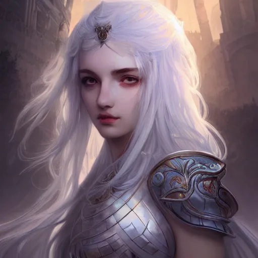 Image similar to portrait white hair knights of Zodiac girl, Sliver ice color reflected armor, in ruined Agora of Athens Sunrise, ssci-fi and fantasy, intricate and very very beautiful and elegant, highly detailed, digital painting, artstation, concept art, smooth and sharp focus, illustration, art by tian zi and WLOP and alphonse mucha