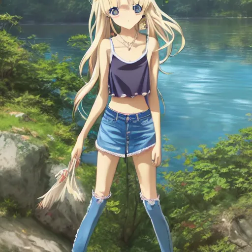 Image similar to a very beautiful anime girl, full body, long blond hair, sky blue eyes, full round face, short smile, mini jeans skirt, cute top, summer lake setting, highly detailed, trending on Artstation, Unreal Engine 4k, cinematic wallpaper by Stanley Artgerm Lau, WLOP, Rossdraws, James Jean, Andrei Riabovitchev, Marc Simonetti, and Sakimichan